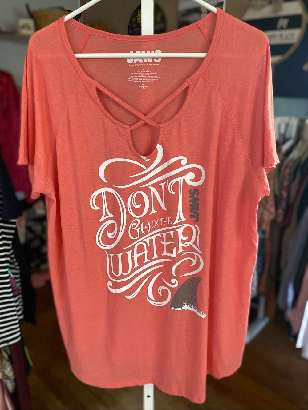Jaws - Coral Crisscross Short Sleeve Tee - ‘Don't Go in the Water’